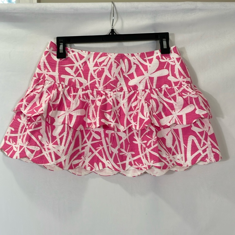 Lilly Pulitzer Mini Skirt Size 0 Pink And White Dragonfly Print Scalloped EUC